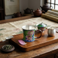 wholesale Pure 999 Fine Silver Elegant Lotus Blossom Cloisonné Enamel Cup with Handcrafted Rosewood Handle and Silver-Toned Rim - Handicraft-0-2