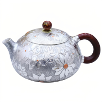 wholesale 999 Pure Silver Teapot Floral Engraved Tea Pot With Wooden Handle-undefined