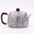 wholesale Pure 999 Handcrafted Silver Teapot with Intricate Floral Engravings and Rich Brown Wooden Handle - Handicraft-0-0