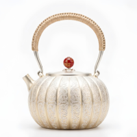 wholesale Pure 999 Fine Silver Elegant Handcrafted Ribbed Silver Teapot with Traditional Engravings and Woven Handle - Handicraft-undefined