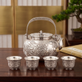 wholesale Pure 999 Silver Dragon Embossed Tea Set with Four Cups and Wooden Tray - Handicraft-0-1