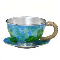 wholesale Pure 999 Fine Silver Handcrafted Silver Lined Blue Floral Cloisonné Tea Cup and Saucer Sets Wholesale with Rattan Wrapped Handle - Handicraft-undefined