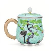 wholesale Pure 999 Fine Silver Ornate Cloisonné Crane Tea Mug with Woven Handle and Pearl Lid - Handicraft-undefined