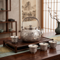 wholesale Pure 999 Silver Dragon Embossed Tea Set with Four Cups and Wooden Tray - Handicraft-0-2