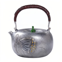 wholesale Pure 999 Fine Silver Handmade Silver Teapot with Lotus Seed Pod Motif and Woven Rattan Handle - Handicraft-undefined