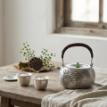 wholesale Pure 999 Fine Silver Handmade Silver Teapot with Lotus Seed Pod Motif and Woven Rattan Handle - Handicraft-0-3