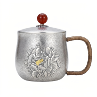 wholesale Pure 999 Fine Silver Handcrafted Silver Peony Mug with Red Gemstone Lid and Woven Grip - Handicraft-undefined