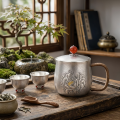 wholesale Pure 999 Fine Silver Handcrafted Silver Peony Mug with Red Gemstone Lid and Woven Grip - Handicraft-0-2