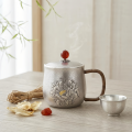 wholesale Pure 999 Fine Silver Handcrafted Silver Peony Mug with Red Gemstone Lid and Woven Grip - Handicraft-0-1