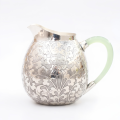 wholesale Pure 999 Fine Silver Elegant Ornate Silver Floral Engraved Pitcher Featuring a Delicate Pale Green Handle - Handicraft-0-0