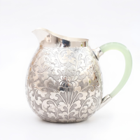 wholesale Pure 999 Fine Silver Elegant Ornate Silver Floral Engraved Pitcher Featuring a Delicate Pale Green Handle - Handicraft-undefined