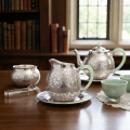 wholesale Pure 999 Fine Silver Elegant Ornate Silver Floral Engraved Pitcher Featuring a Delicate Pale Green Handle - Handicraft-0-2