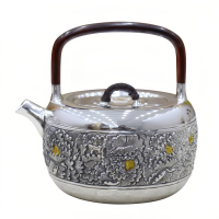 wholesale Pure 999 Handcrafted Silver Teapot with Detailed Floral Relief and Polished Wooden Handle - Handicraft-undefined