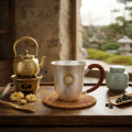 wholesale Pure 999 Hammered Silver Cup Featuring Gilded Sunflower Motif and Polished Wooden Handle on Rattan Base - Handicraft-0-1