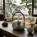 wholesale Pure 999 Fine Silver Handcrafted Silver-Tone Teapot with Landscape Relief, Arched Wood Handle, and Jade Finial - Handicraft-0-3