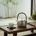 wholesale Pure 999 Fine Silver Handcrafted Silver-Tone Teapot with Landscape Relief, Arched Wood Handle, and Jade Finial - Handicraft-0-2