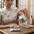 wholesale Pure 999 Fine Silver Handcrafted Silver-Tone Teapot with Landscape Relief, Arched Wood Handle, and Jade Finial - Handicraft-0-1