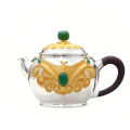 wholesale Pure 999 Fine Silver Exquisite Filigree Silver Teapot with Vibrant Green Gemstone Accents - Handicraft-0-0