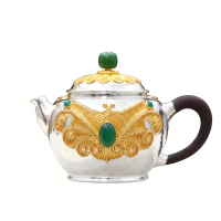 wholesale Pure 999 Fine Silver Exquisite Filigree Silver Teapot with Vibrant Green Gemstone Accents - Handicraft-undefined