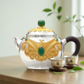 wholesale Pure 999 Fine Silver Exquisite Filigree Silver Teapot with Vibrant Green Gemstone Accents - Handicraft-0-2