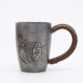 wholesale Pure 999 Fine Silver Handcrafted Pewter-Tone Metal Mug with Engraved Lotus Design and Woven Cord Handle - Handicraft-0-0