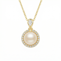wholesale 925 Sterling Silver Elegant Pearl and Zircon Halo Pendant Necklaces Wholesale with Pear-Shaped Bail - JewelryODM-0-0