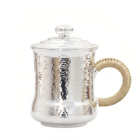 wholesale Pure 999 Fine Silver Elegant Hammered Silver Mug with Natural Woven Handle and Lid - Handicraft-undefined