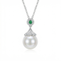 wholesale 925 Sterling Silver Elegant White Pearl and Emerald Pendant Necklaces Wholesale with Sparkling Zircon Accents - JewelryODM-0-0