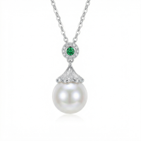 wholesale 925 Sterling Silver Elegant White Pearl and Emerald Pendant Necklaces Wholesale with Sparkling Zircon Accents - JewelryODM-undefined