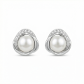 wholesale 925 Sterling Silver Elegant White Cultured Pearl and Cubic Zirconia Swirl Stud Earrings Wholesale - JewelryODM-0-0