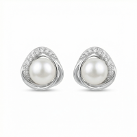 wholesale 925 Sterling Silver Elegant White Cultured Pearl and Cubic Zirconia Swirl Stud Earrings Wholesale - JewelryODM-undefined