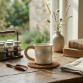 wholesale Pure 999 Artisan Bamboo Style Ceramic Mug with Woven Handle and Matching Coaster Set - Handicraft-0-1