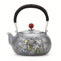 wholesale Pure 999 Fine Silver Exquisite Hand-Hammered Silver Teapot with Gourd and Butterfly Relief and Red Gemstone Finial - Handicraft-undefined