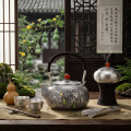 wholesale Pure 999 Fine Silver Exquisite Hand-Hammered Silver Teapot with Gourd and Butterfly Relief and Red Gemstone Finial - Handicraft-0-2