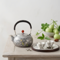 wholesale Pure 999 Fine Silver Exquisite Hand-Hammered Silver Teapot with Gourd and Butterfly Relief and Red Gemstone Finial - Handicraft-0-1