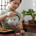wholesale Pure 999 Fine Silver Exquisite Hand-Hammered Silver Teapot with Gourd and Butterfly Relief and Red Gemstone Finial - Handicraft-0-3
