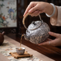 wholesale Pure 999 Exquisite Hand-Carved Silver Peony Teapot with Woven Handle - Handicraft-0-3