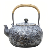 wholesale Pure 999 Exquisite Hand-Carved Silver Peony Teapot with Woven Handle - Handicraft-undefined
