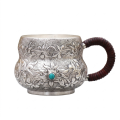wholesale Pure 999 Antique  Cups with Intricate Floral Embossing and Turquoise Accents - Handicraft-0-0