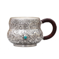 wholesale Pure 999 Antique  Cups with Intricate Floral Embossing and Turquoise Accents - Handicraft-undefined