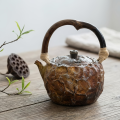 wholesale Pure 999 Fine Silver Artisan Rustic Textured Ceramic Teapot with Natural Wood Handle and Wicker Accents - Handicraft-0-2