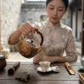 wholesale Pure 999 Fine Silver Artisan Rustic Textured Ceramic Teapot with Natural Wood Handle and Wicker Accents - Handicraft-0-1