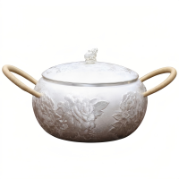 wholesale Pure 999 Fine Silver Exquisite Hand-Carved Silver Floral Serving Pot with Natural Fiber Wrapped Handles - Handicraft-undefined