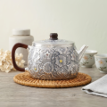 wholesale Pure 999 Handcrafted Silver Teapot with Intricate Floral Engravings and Rich Brown Wooden Handle - Handicraft-0-2