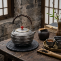 wholesale Pure 999 Fine Silver Handcrafted Hammered Silver Teapot with Woven Rattan Handle and Red Bead Finial - Handicraft-0-2