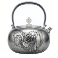 wholesale Pure 999 Fine Silver Artisanal Silver Hammered Teapot Featuring Elegant Lotus and Dragonfly Engravings - Handicraft-0-0
