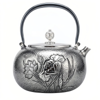 wholesale Pure 999 Fine Silver Artisanal Silver Hammered Teapot Featuring Elegant Lotus and Dragonfly Engravings - Handicraft-undefined
