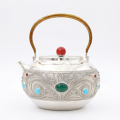 wholesale Pure 999 Ornate Handcrafted Silver Teapot with Intricate Filigree and Multicolored Gemstone Inlays - Handicraft-0-0
