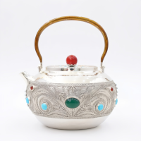 wholesale Pure 999 Ornate Handcrafted Silver Teapot with Intricate Filigree and Multicolored Gemstone Inlays - Handicraft-undefined
