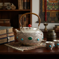 wholesale Pure 999 Ornate Handcrafted Silver Teapot with Intricate Filigree and Multicolored Gemstone Inlays - Handicraft-0-1
